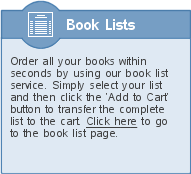 Order all your books within seconds by using our book list system. You will be supporting your school as we refund the school 5% of the value of your order!